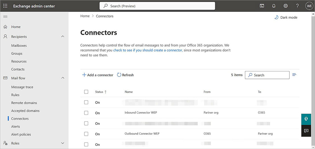 Screenshot of the Microsoft 365 configuration Connectors page